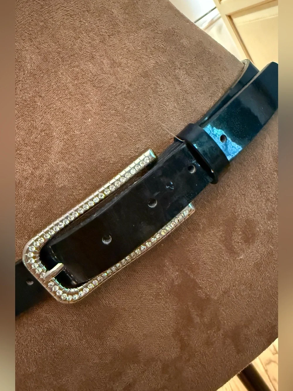Black Patent Leather Belt with Rhinestone Buckle